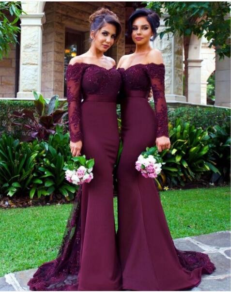 Long Mermaid Purple Lace Bridesmaid Dresses With Long Sleeves ...