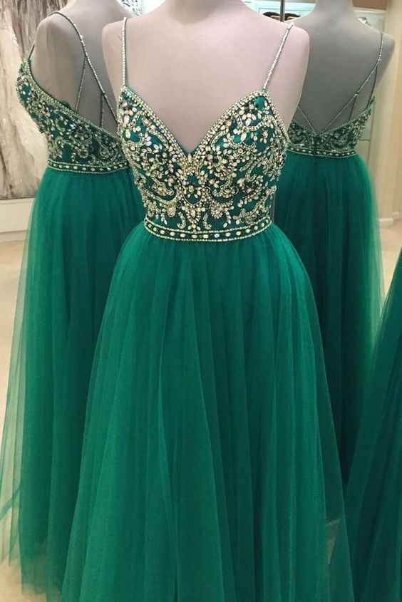 Long Green Prom Dress Gown With Spaghetti Straps,formal Dress,cocktail Dress,evening Dress,party Dress,graduaiton Dress
