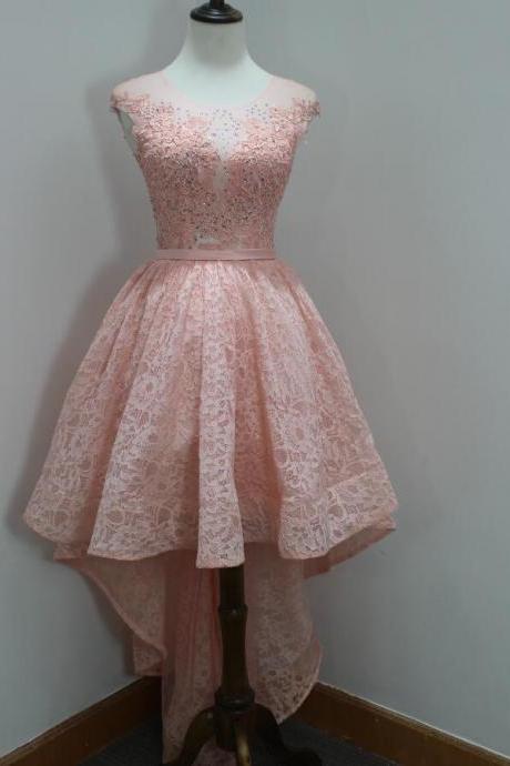 Homecoming Dress Pink Prom Dress Gown High Low 2017,Lace Prom Dress Cheap,Evening Dress,Formal Dress,Cocktail Dress,Party Dress,Graduation Dress 