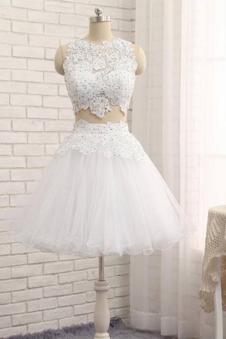 Custom Made Two- Piece Lace And Tulle Short Cocktail Dress , Homecoming Dress With Sparkly Beads -white