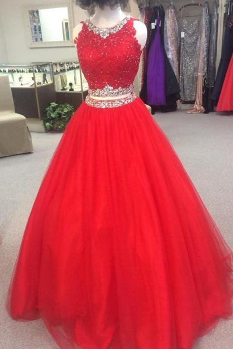 A line 2 Two Piece Tulle Lace Prom Dresses Red Ball Gown Formal Evening Gown Junior Senior Cheap Party Dress Custom Plus size 2018 