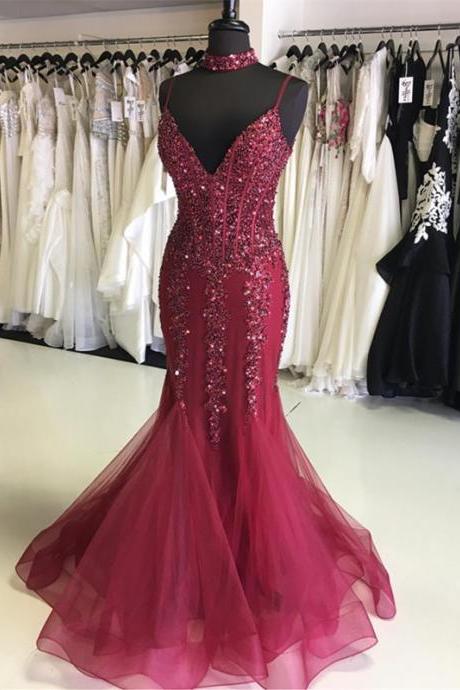 Beaded Long Mermaid Prom Dresses with Spaghetti Straps Elegant Formal Evening Gown Party Dress Senior Junior Custom Plus size 2018 