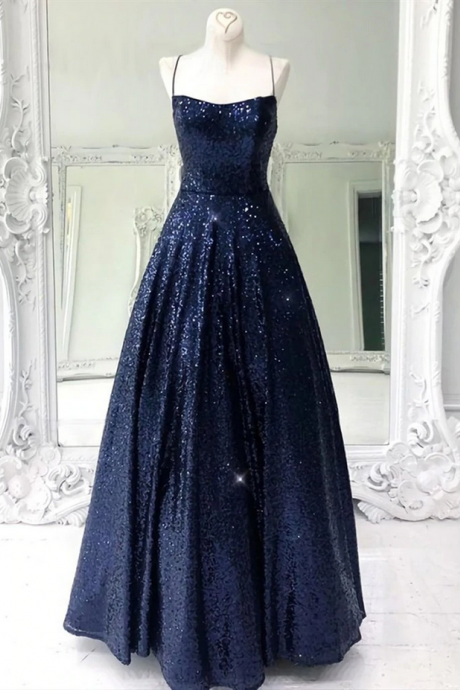 Women A-line Navy Blue Sequins Formal Evening Dress With Spaghetti Straps Backless Sexy Prom Gown 2023 Sparkly Civil