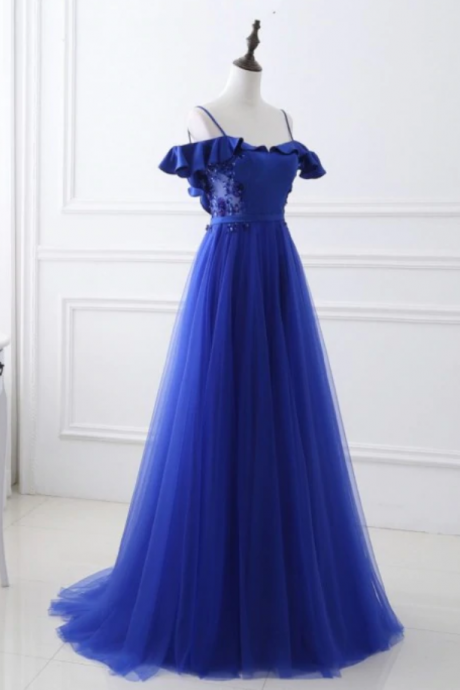 Women A-line Royal Blue Tulle Satin Formal Evening Dress Elegant With Spaghetti Straps Open Back Sexy Prom Gown 2023 Simple Civil