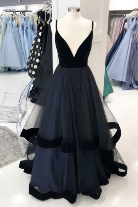 Women A-line V-neck Black Velvet Tulle Prom Dress Princess Simple Long Formal Evening Dress Elegant With Spaghetti Straps Backless Sexy Prom Gown