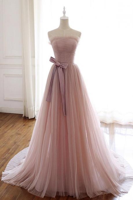 Women A-line Strapless Blush Pink Tulle Prom Dress Princess Pleated Ruched Simple Long Formal Evening Dress Elegant With Sash Prom Gown 2023