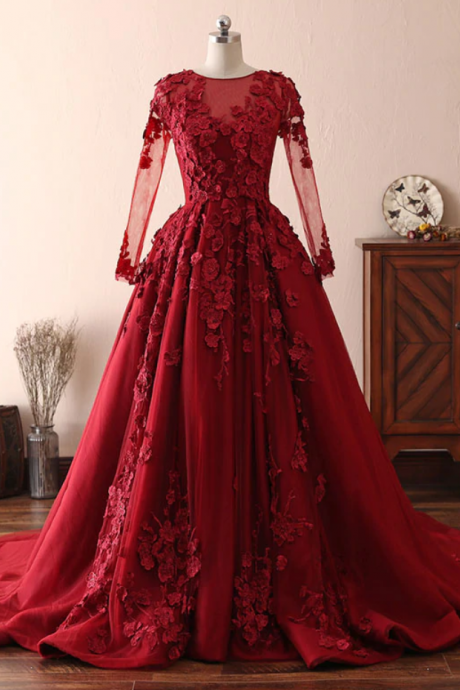 Women Princess Burgundy Prom Dress With Long Sleeves Lace Tulle Formal Evening Dress Elegant
