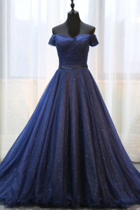 Glitter Off The Shoulder Navy Sequins Prom Dress Princess Long Formal Evening Dress Sparkly Prom Gown