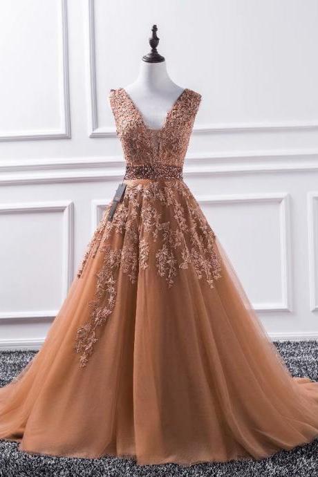 Women Tulle Lace V-neck Champagne Prom Dress Princess Simple Long Formal Evening Dress