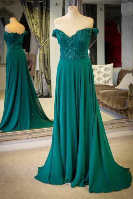 Women Off The Shoulder Chiffon Dark Green Prom Dress Long Formal Evening Dress Elegant