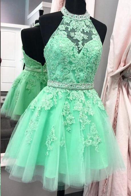 Halter Backless Light Green Lace Tulle Homecoming Dress Prom Dress Short Cocktail Party Holiday Gown 