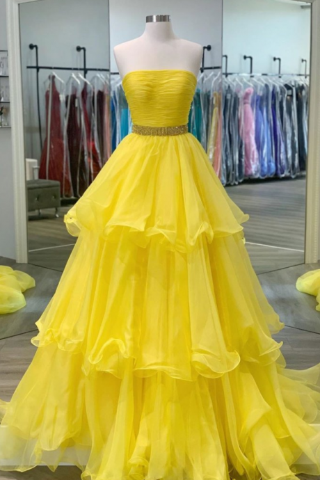 Women Yellow Prom Dress Princess Long Organza Formal Evening Gown Cheap 