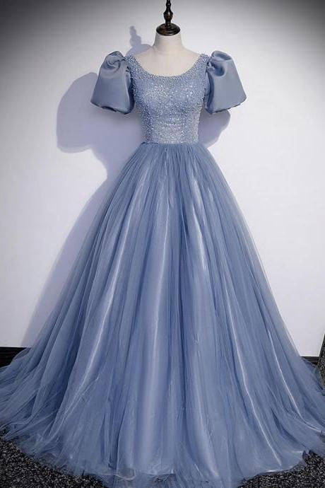 Women Princess Dusty Blue Prom Dress Long With Short Sleeves Tulle Formal Evening Gown