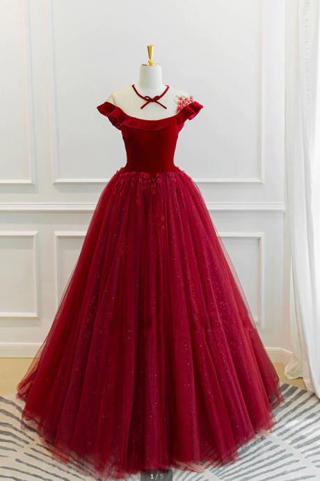 Princess Burgundy Velvet Tulle Prom Dress Long Formal Evening Gown Elegant