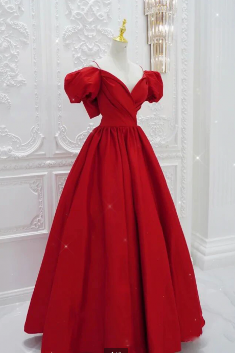 Princess Red Prom Dress Long With Short Puffy Sleeve Formal Evening Gown Women Elegant