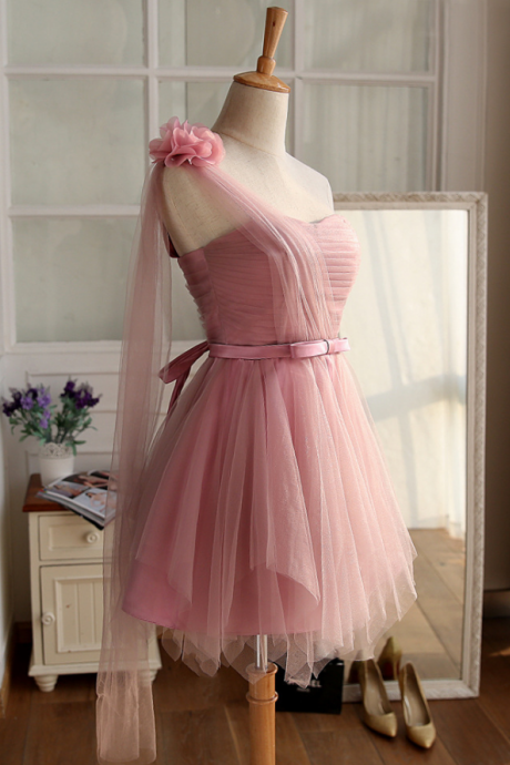 One Shoulder Tulle Dusty Pink Homecoming Dress Prom Dress Short Cocktail Party Gown