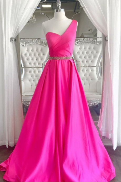 One Shoulder Princess Taffeta Pink Prom Dress Long Formal Evening Gown Women Elegant