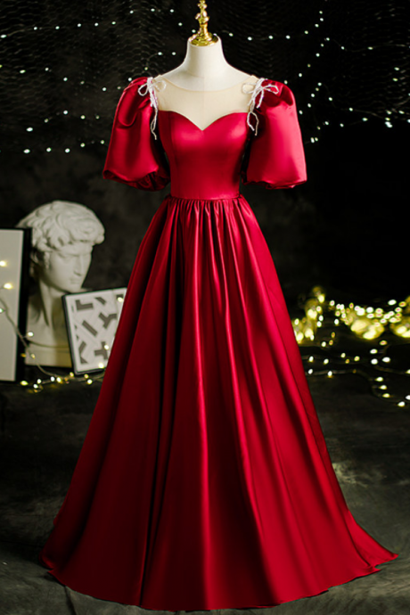 Red Satin Princess Prom Dress Long with Short Sleeves Formal Evening Gown Women Elegant Cheap 
