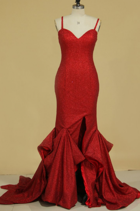 Long Mermaid Glitter Red Sequins Prom Dress Long Formal Evening Gown Women Elegant