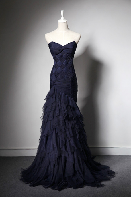 Long Mermaid Navy Tulle Prom Dress Long With Ruffles Formal Evening Gown Women Elegant