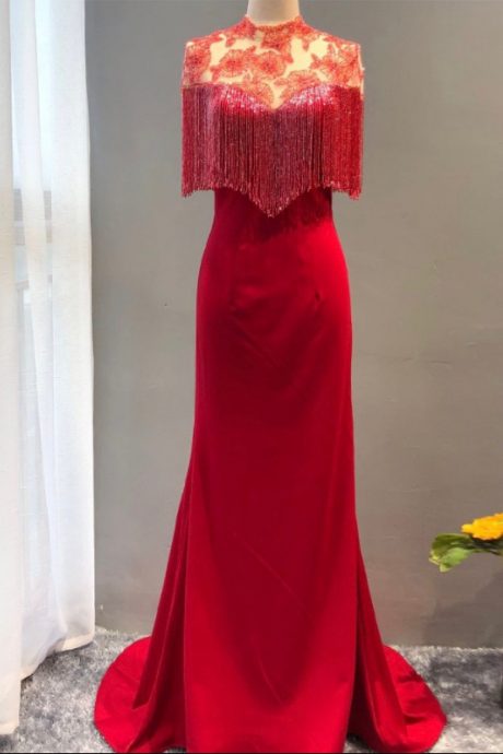 Red Lace Satin Prom Dress Long With Tassel High Neck Formal Evening Gown