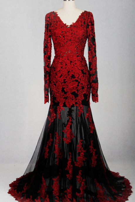 Women Elegant Mermaid Red Black Prom Dress With Long Sleeves V-neck Backless Formal Evening Gown