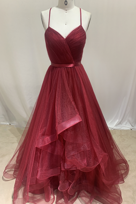 Burgundy Princess Tulle Prom Dress Long Formal Evening Gown Women Elegant