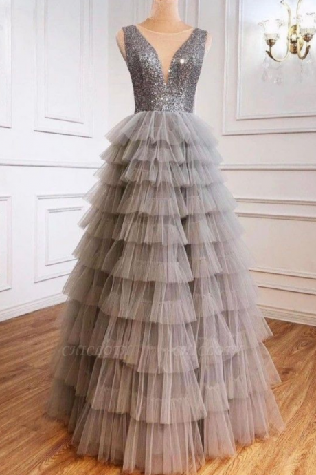 Silver Princess Tulle Sequins Glitter Prom Dress Long Formal Evening Gown