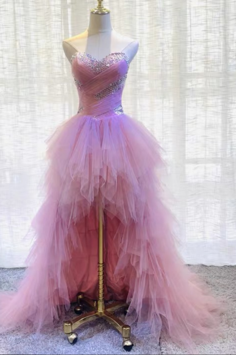 High Low Prom Dress Pink Strapless Formal Evening Gown