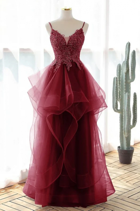 Burgundy Tulle prom dress Princess Formal Evening Gown 2023