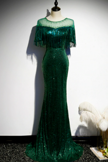 Sequins Dark Green prom dress Mermaid Long with Tassel Formal Evening Gown