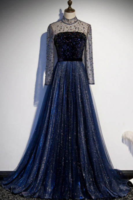 Navy Blue Prom Dres Glitter With Long Sleeves Foaml Evening Gown