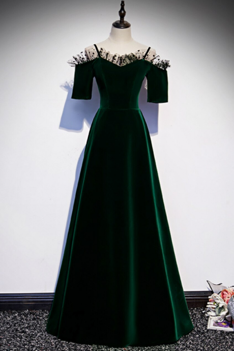 Dark Green Velvet Prom Formal Evening Dress Princess With Short Sleeves