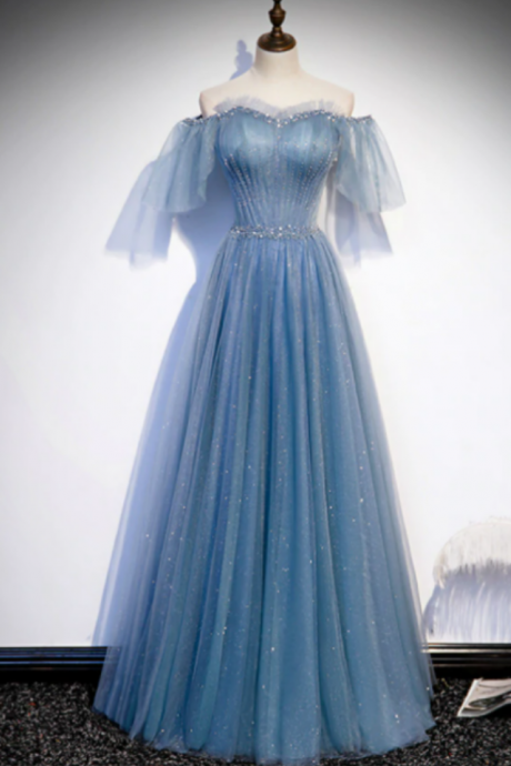 Women Dusty Blue Tulle Prom Dress Glitter Long Formal Evening Gown