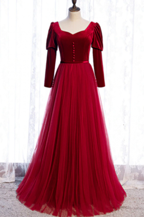 Women Vintage Wine Red Prom Dress Elegant Long Formal Evening Gown