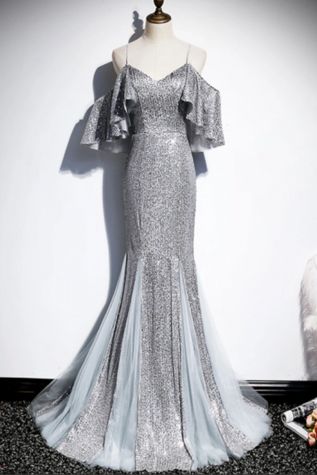 Silver Glitter Sequins Mermaid Prom Dress Elegant Formal Evening Gown