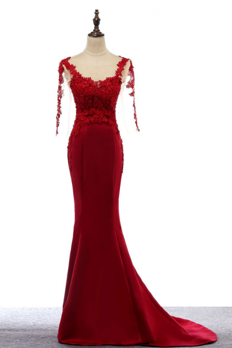 Burgundy Mermaid Prom Dress Long Sleeves Elegant Formal Evening Gown