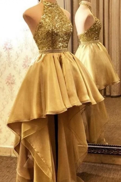 Gold High Low Halter Sequins Prom Dress Elegant Formal Homecoming Gown