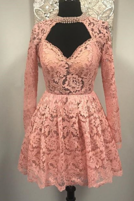 Dusty Pink Lace Prom Dress Short Formal Homecoming Gown Long Sleeves