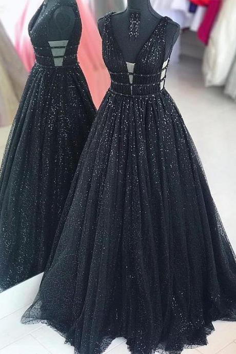 Glitter Black Princess Sequins Prom Gown Elegant Formal Evening Gown