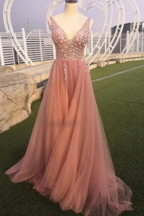 Dusty Rose Beaded Tulle Prom Dress Long Elegant Formal Evening Gown