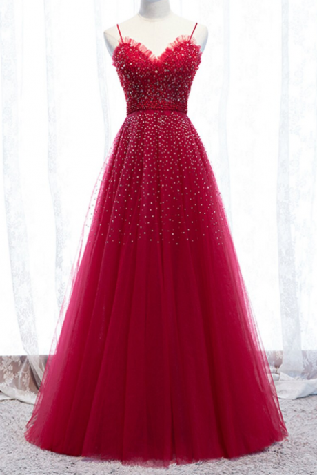 Red Beaded Tulle Prom Dress Princess Elegant Formal Evening Gown