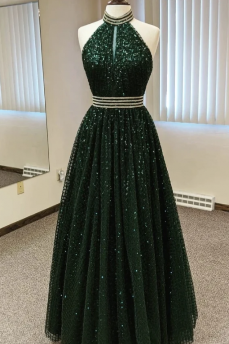 Glitter Dark Green Halter Prom Dress Elegant Formal Evening Gown Backless