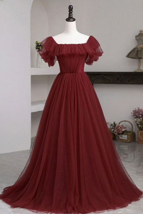Vintage Burgundy Princess Tulle Prom Dress Princess Elegant Formal Evening Gown