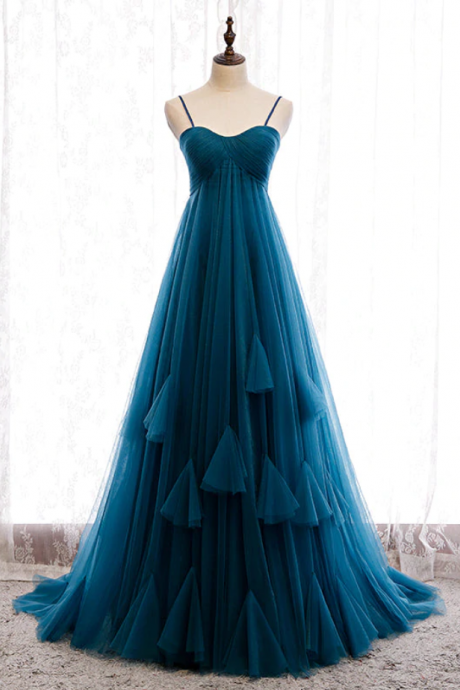 Empire Waist Lake Blue Princess Tulle Prom Dress Elegant Formal Evening Gown