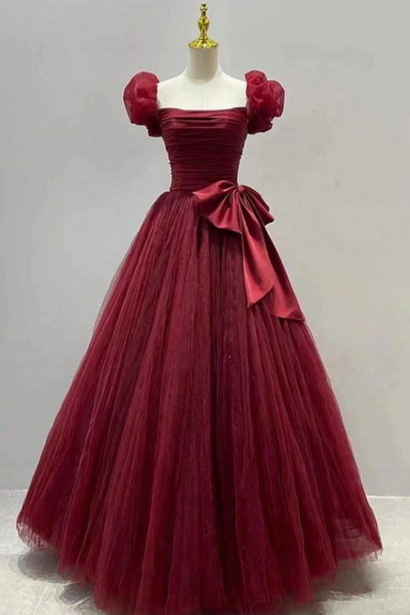 Burgundy Princess Tulle Prom Dress Vintage Long Elegant Formal Evening Gown