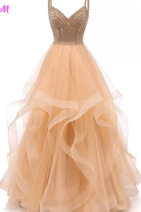 Champagne Princess Tulle Prom Dress Elegant Sparkly Formal Evening Gown