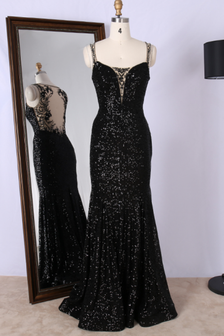 Glitter Black Sequins Prom Dress Elegant Formal Evening Gown