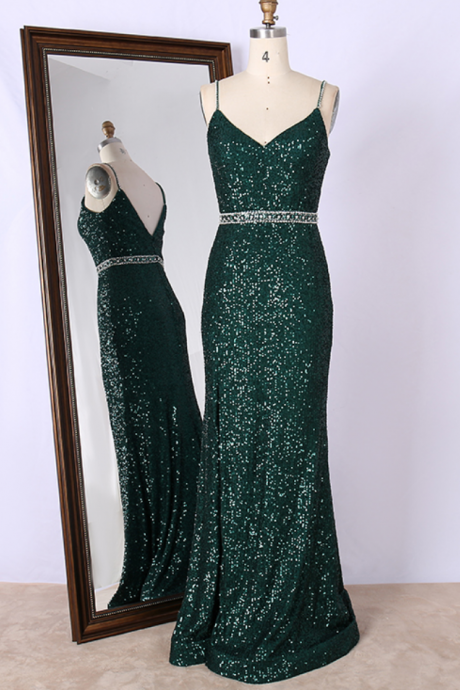 Women Glitter Green Sequins Prom Dress 2023 Formal Evening Gown