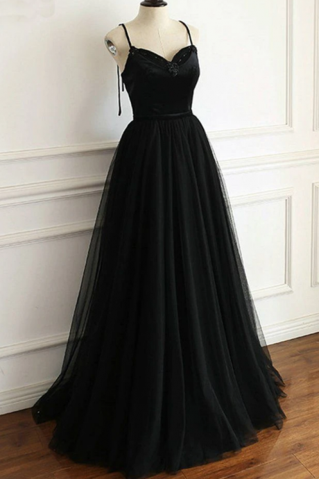 Princess Black Prom Dress Long with Spaghetti Straps Formal Evening Gown